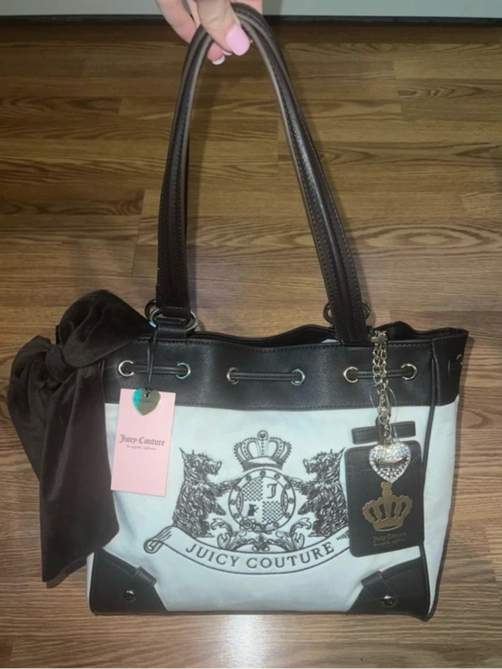 Juicy Couture White and Brown Crest Tote with Bow and Charm